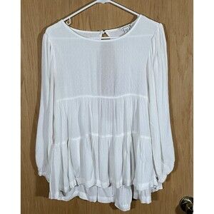 American Eagle Women's Sm Flowy Boho Top Puff Sleeve White Gauzy Tiered Cottage
